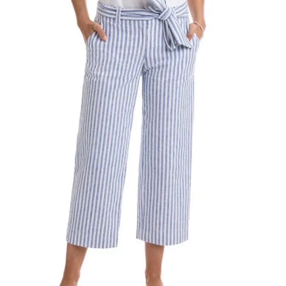 Vineyard Vines Tie Waist Striped Wide Leg Linen Blend Cropped Pants Size 10